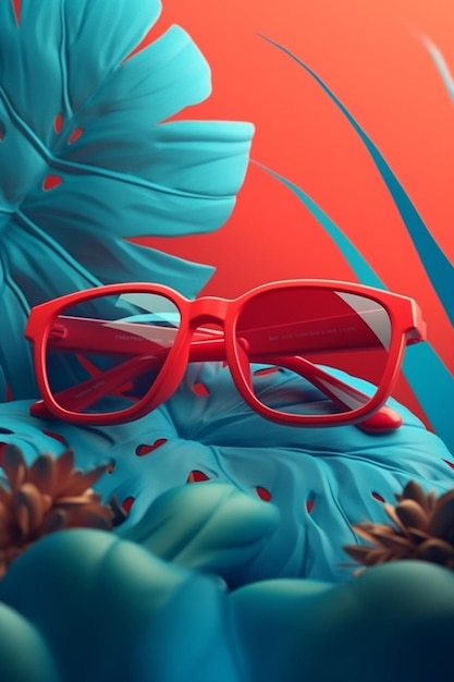Eine rote Brille mit blauem Hintergrund und einem Blatt darauf