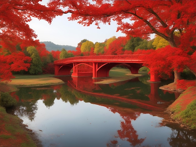 Eine rote Brücke an einem See, umgeben von grünen und roten Bäumen