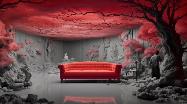 Foto eine rote couch steht in einem raum mit einem roten sofa und einem weißen vogel an der wand.