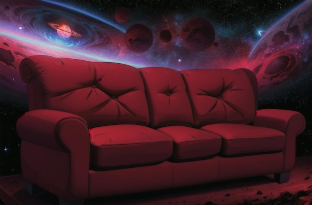 Eine rote Couch vor einem farbenfrohen Galaxienhintergrund