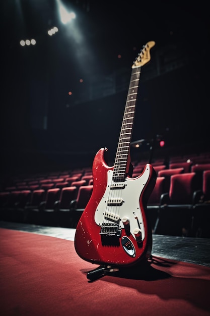 Eine rote E-Gitarre auf einer Bühne mit einer Sitzreihe im Hintergrund.