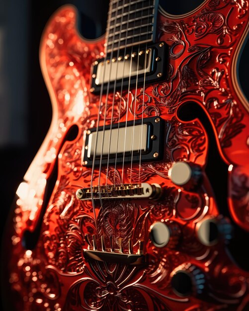 Eine rote E-Gitarre mit Ornamenten