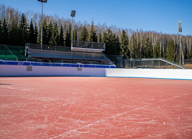 Eine rote Eisbahn mit einer blauen Wand und einem Schild mit der Aufschrift „Eishockey“.