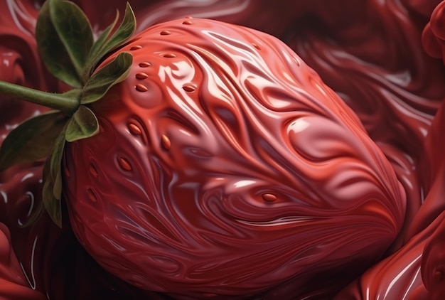 Eine rote Erdbeere mit einem grünen Blatt darauf