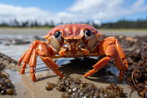 Eine rote Felsenkrabbe an einem Strand auf den Galapagosinseln Ecuadors