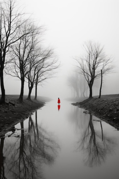 Foto eine rote figur steht allein in einem nebligen fluss ai