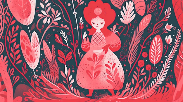 Eine rote Frau mit roten Haaren steht in einem Garten mit Pflanzen und Blumen