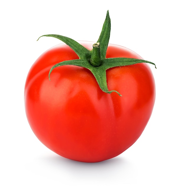 Eine rote frische Tomate in Nahaufnahme auf einem weißen Hintergrund