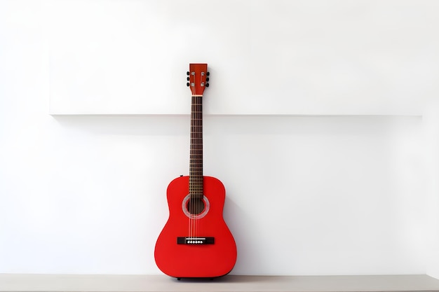 Eine rote Gitarre steht auf einem Regal vor einer weißen Wand.