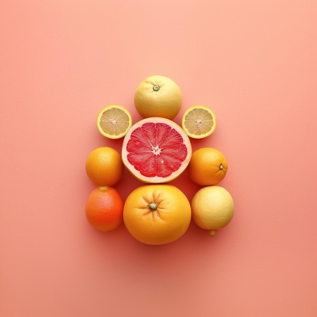 Eine rote Grapefruit wird halbiert, mit einer Zitrone auf der Unterseite.