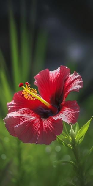 Eine rote Hibiskusblüte mit gelbem Staubblatt.