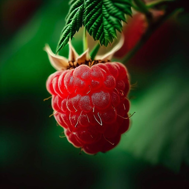 Eine rote Himbeere am Baum