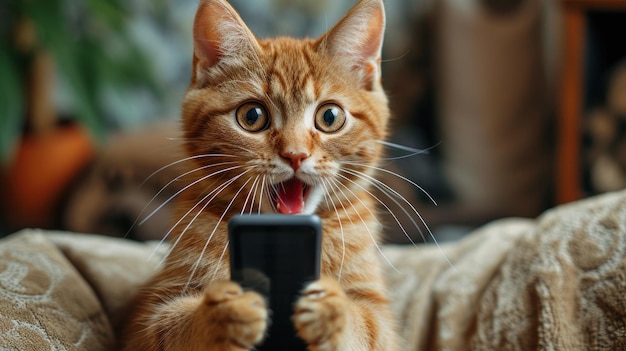 Foto eine rote katze hält mit schockiertem gesichtsausdruck ein smartphone