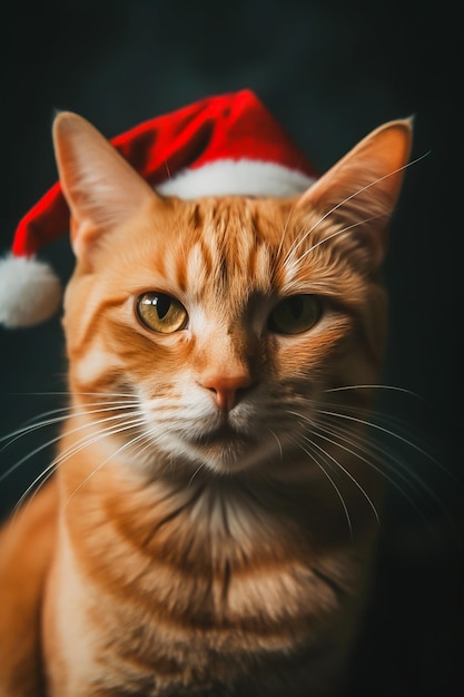 Eine rote Katze in einem Weihnachtsmannshut freut sich über den Schnee.