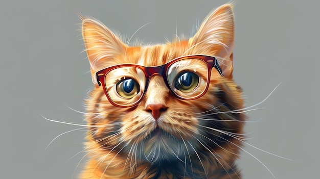 Eine rote Katze mit Hornbrille schaut mit neugierigem Gesichtsausdruck in die Kamera
