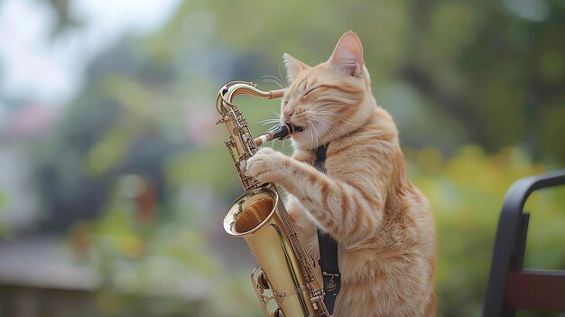 Foto eine rote katze spielt saxophon, die katze sitzt auf einem hölzernen zaun vor einem verschwommenen hintergrund aus grünen blättern.