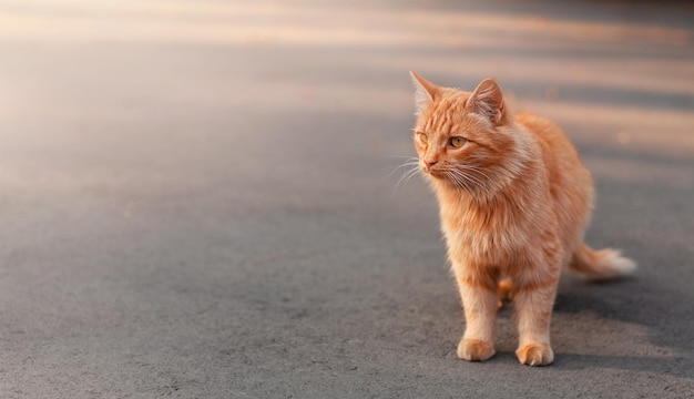 Foto eine rote katze steht auf einer straße.