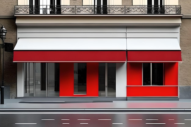 Eine rote Ladenfront mit einer weißen Wand und einer Straße im Hintergrund.