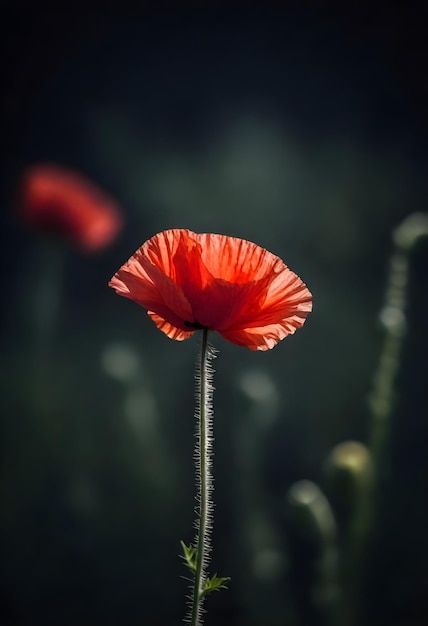 Eine rote Mohnblume im Fokus mit einem dunklen Hintergrund