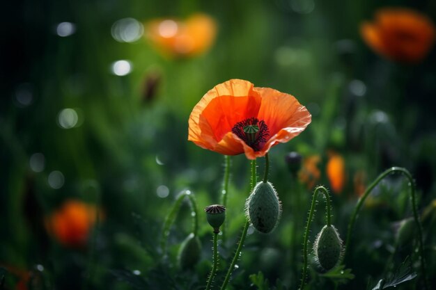 Eine rote Mohnblume ist von grünen Blättern und dem Wort „Mohnblumen“ umgeben.