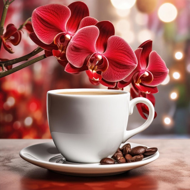 Eine rote Orchidee mit einer weißen Kaffeetasse und einer Blume darauf