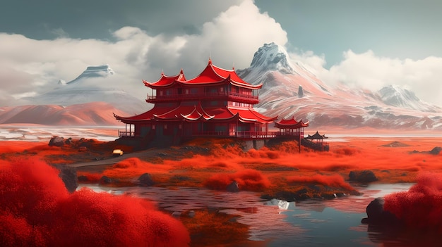 Eine rote Pagode in einer Berglandschaft