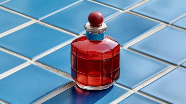 Eine rote Parfümflasche befindet sich auf einer blauen Fliesenoberfläche