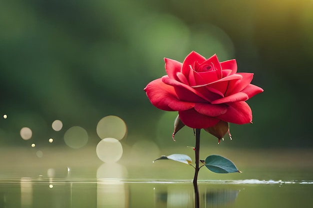 Eine rote Rose liegt im Wasser und die Sonne scheint darauf.