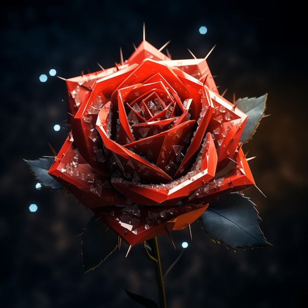 Eine rote Rose mit Diamanten auf ihren Blütenblättern, ein Dachfenster, Ai erzeugte Kunst