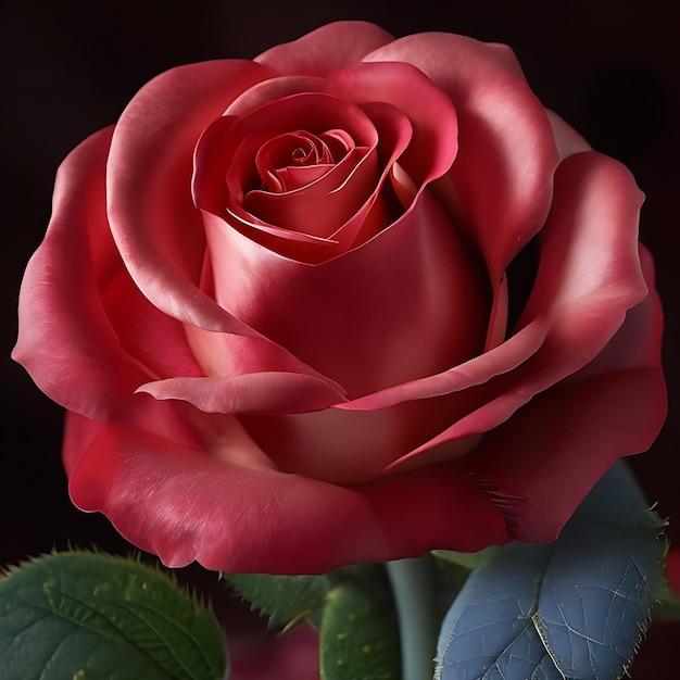 Eine rote Rose mit einem blauen und grünen Blatt.