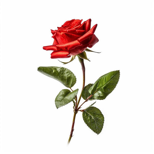 Eine rote Rose mit grünen Blättern und weißem Hintergrund