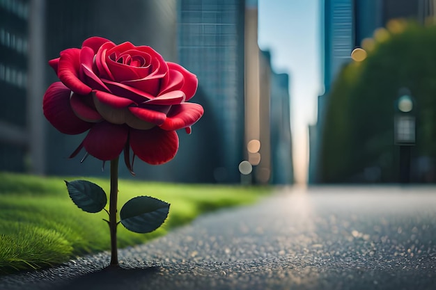 Eine rote Rose steht mitten auf einer Straße vor einer Stadtansicht.