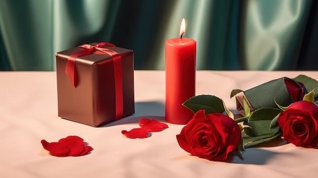 Eine rote Schachtel mit einer Kerze und einer roten Schleife darauf