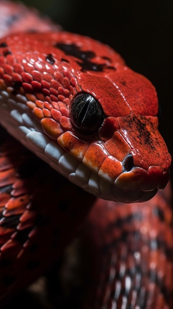 Eine rote Schlange mit einem blauen Auge und einem blauen Auge