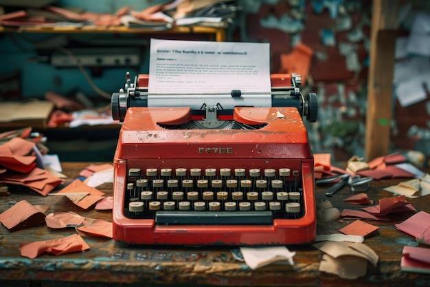 Eine rote Schreibmaschine sitzt auf einem Holztisch