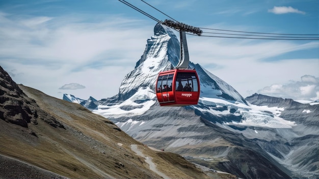 Eine rote Seilbahn mit dem Matterhorn im Hintergrund