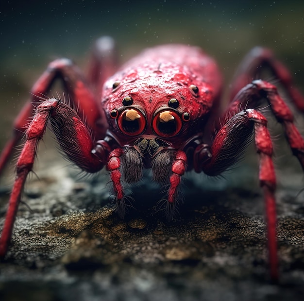 Eine rote Spinne mit großen Augen ist auf einem Felsen.