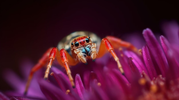 Eine rote Spinne sitzt auf einer lila Blume.