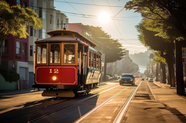 Eine rote Straßenbahn fährt eine Straße entlang, die von hoch aufragenden Gebäuden gesäumt ist. Eine altmodische Seilbahn klettert einen steilen Hügel in San Francisco hinauf. KI-generiert