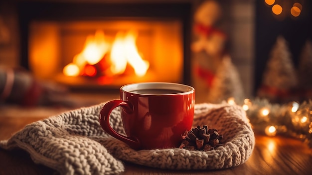 Eine rote Tasse Kaffee am Kamin