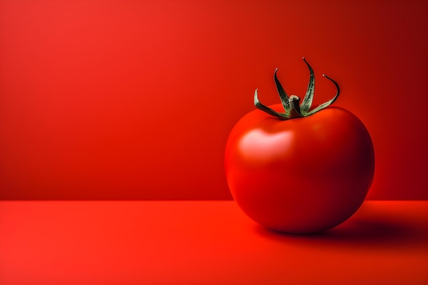 Eine rote Tomate auf einem Tisch mit rotem Hintergrund