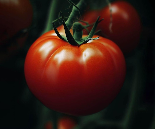 Eine rote Tomate ist auf einer Rebe mit grünen Blättern.