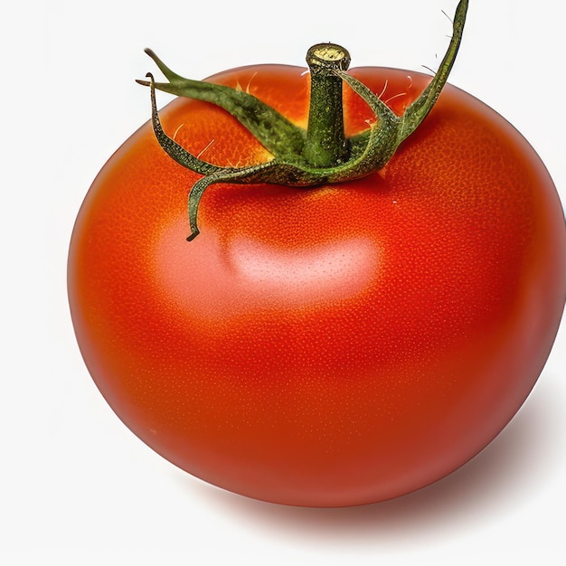 Eine rote Tomate steht auf weißem Hintergrund mit grünen Stielen.