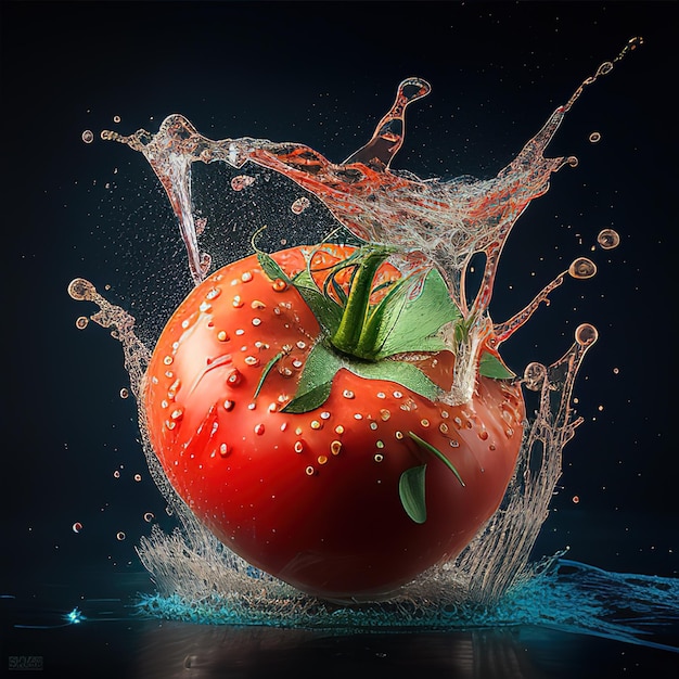 Eine rote Tomate wird durch Wasser umgeben und die Wortfrucht ist auf der Unterseite