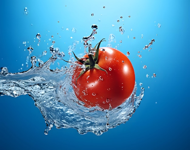 Foto eine rote tomate wird mit wasser besprüht