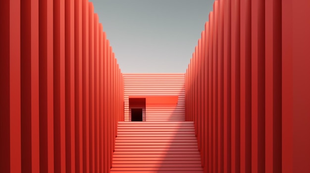 Eine rote Treppe mit einer schwarzen Tür in der Mitte und eine rote Wand mit einer schwarzen Tür in der Mitte.