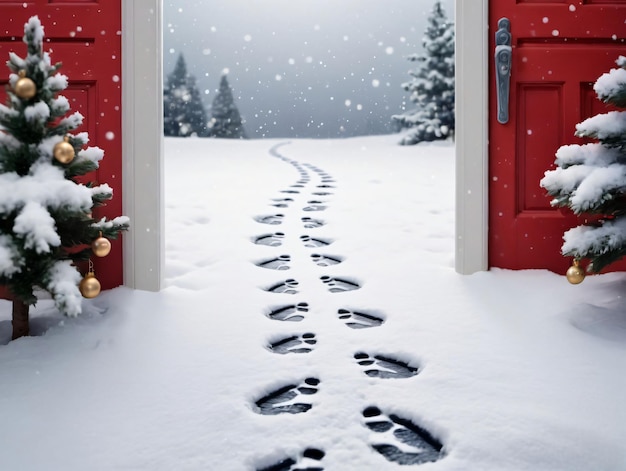 Eine rote Tür mit einem Weihnachtsbaum und Fußabdrücken