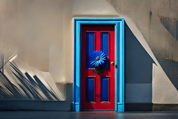 eine rote Tür mit einer blauen Blume darauf