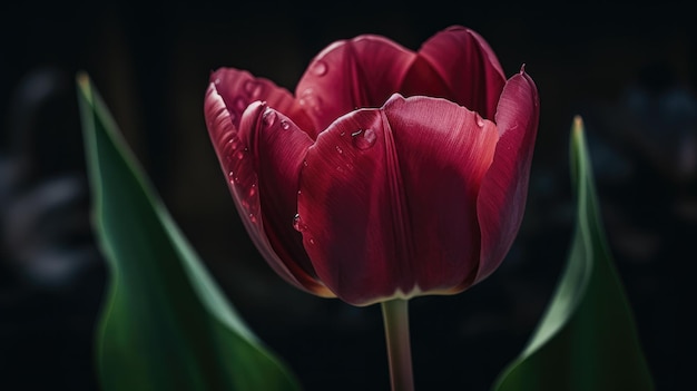 Eine rote Tulpe mit Wassertropfen darauf