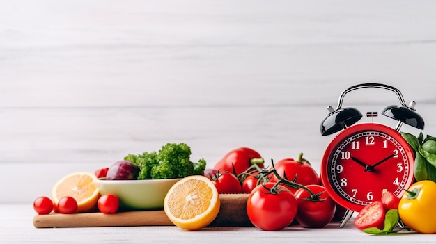 Eine rote Uhr neben einem Haufen Gemüse und einer roten Tomate.